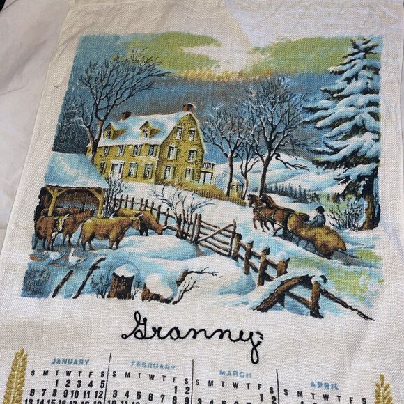 Vintage Hanging Tea Towel Calendar 1974 Winter Morning - Picture 2 of 6